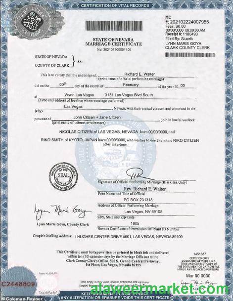 USA Nevada state marriage certificate template in PSD format